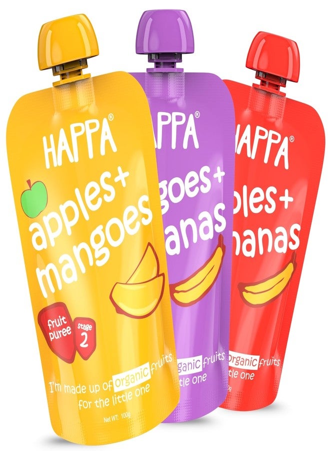 Happa Healthy Baby Food Puree | 100% Fruits | No Added Sugar, No Milk Powder, No Preservatives | Stage 2 (6 Months+) | Ready to Eat | Free from Common Allergens | Pack of 3 (100g Each) - Image 1