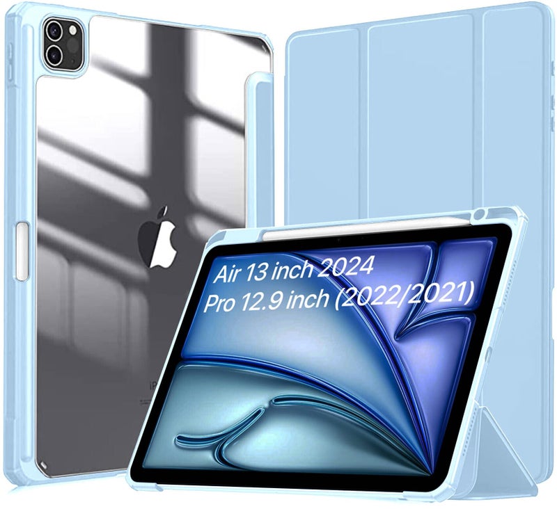 Robustrion for iPad Air 13 inch Cover Case/for iPad Pro 12.9 inch with [Pencil Holder] [Transparent Back] Hybrid Case Cover for iPad Air 13 inch 2024 [Auto Sleep Wake Support] - Light Blue - Image 1