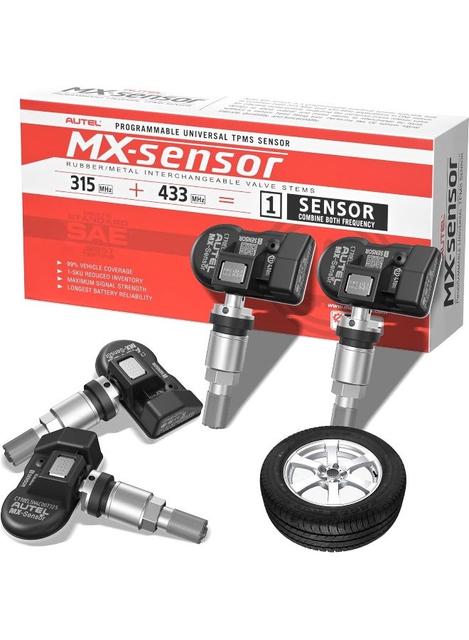 Autel MX-Sensor 2 in 1 (315MHz + 433MHz) Programmable TPMS Sensor - OE Level Tire Pressure Monitoring System (Press-in, Metal Valves, Pack of 4 Sensors) - Image 1