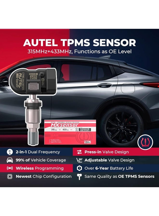 Autel MX-Sensor 2 in 1 (315MHz + 433MHz) Programmable TPMS Sensor - OE Level Tire Pressure Monitoring System (Press-in, Metal Valves, Pack of 4 Sensors) - Image 2