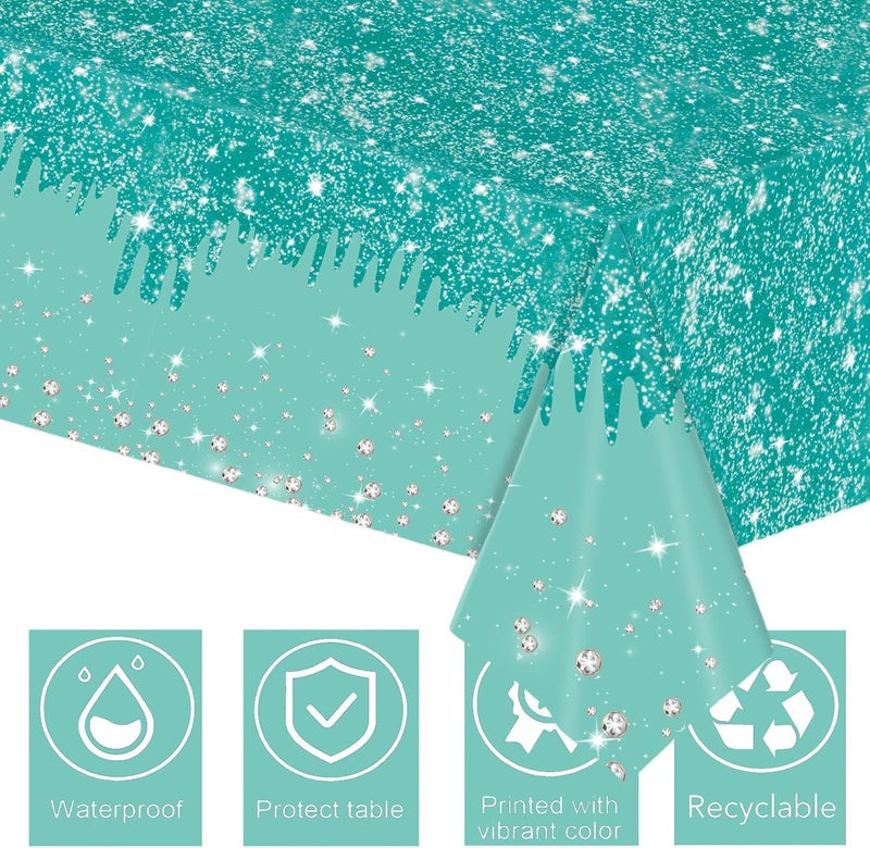 Mienocol 2pcs Teal Table Cloth Party Disposable Tablecloths,137 x274cm Shiny Glitter Diamond Teal Party Rectangular Dining Table Cover for Baby Shower,Wedding,Birthday,Princess,Girls Party Table Décor - Image 3