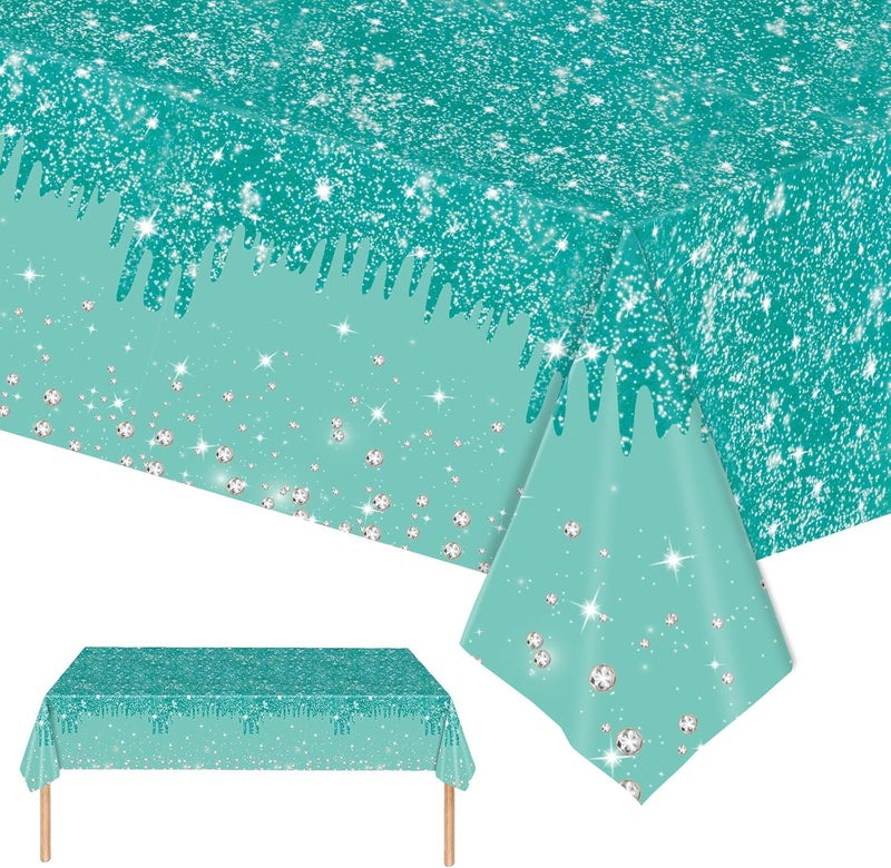 Mienocol 2pcs Teal Table Cloth Party Disposable Tablecloths,137 x274cm Shiny Glitter Diamond Teal Party Rectangular Dining Table Cover for Baby Shower,Wedding,Birthday,Princess,Girls Party Table Décor - Image 1