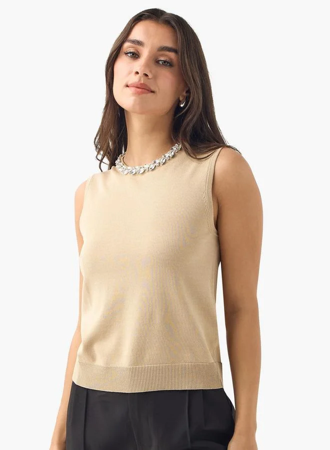 Iconic Iconic Embellished Sleeveless Top with Keyhole Detail