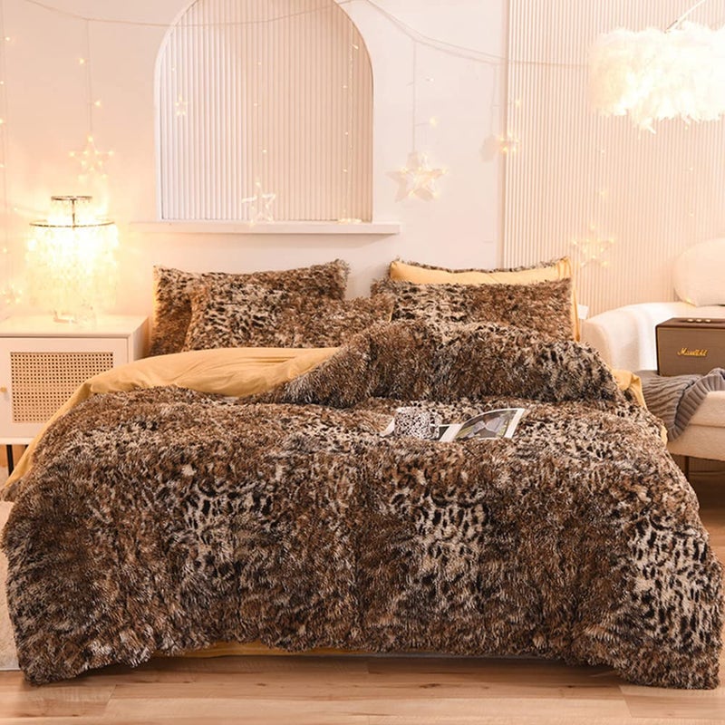 Mengersi Leopard Print Duvet Cover Set Shaggy Fluffy Duvet Cover SetLuxury Ultra Soft Crystal Velvet Duvet CoverFaux Fur Quilt Cover with Pillow ShamsZipper Closure Queen Size