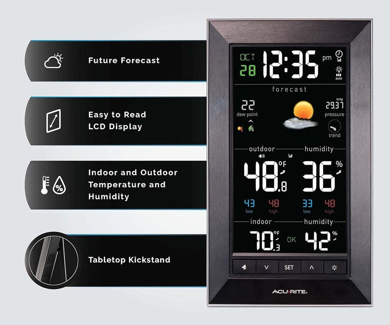 Acurite Digital Vertical Weather Forecaster with Indoor/Outdoor Temperature, Humidity, and Date and Time (01121M) , BLACK - Image 4