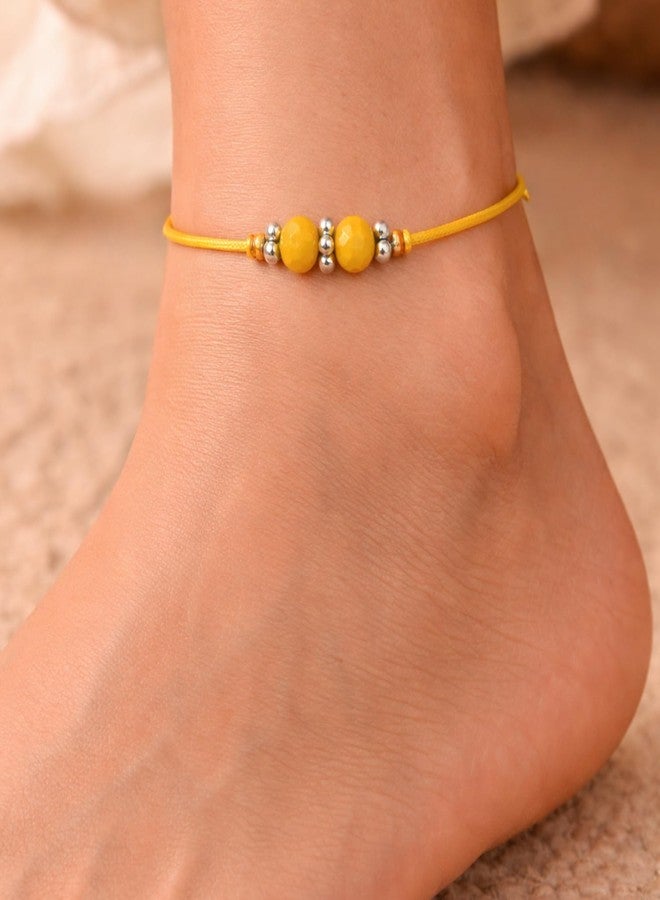 DARSHRAJ 925 Sterling Silver Anklet | Yellow Thread Ankle Bracelet for Women & Girls | Double Bead Payal | Adjustable Handmade Foot Jewelry | Daily Wear Nazariya Ethnic Ankle Jewelry - Image 2