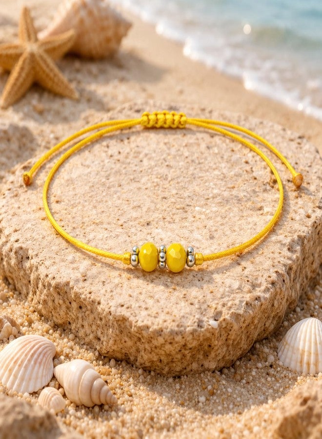 DARSHRAJ 925 Sterling Silver Anklet | Yellow Thread Ankle Bracelet for Women & Girls | Double Bead Payal | Adjustable Handmade Foot Jewelry | Daily Wear Nazariya Ethnic Ankle Jewelry - Image 5
