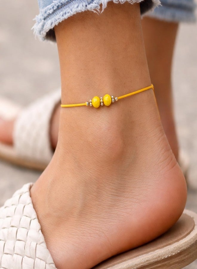 DARSHRAJ 925 Sterling Silver Anklet | Yellow Thread Ankle Bracelet for Women & Girls | Double Bead Payal | Adjustable Handmade Foot Jewelry | Daily Wear Nazariya Ethnic Ankle Jewelry - Image 3