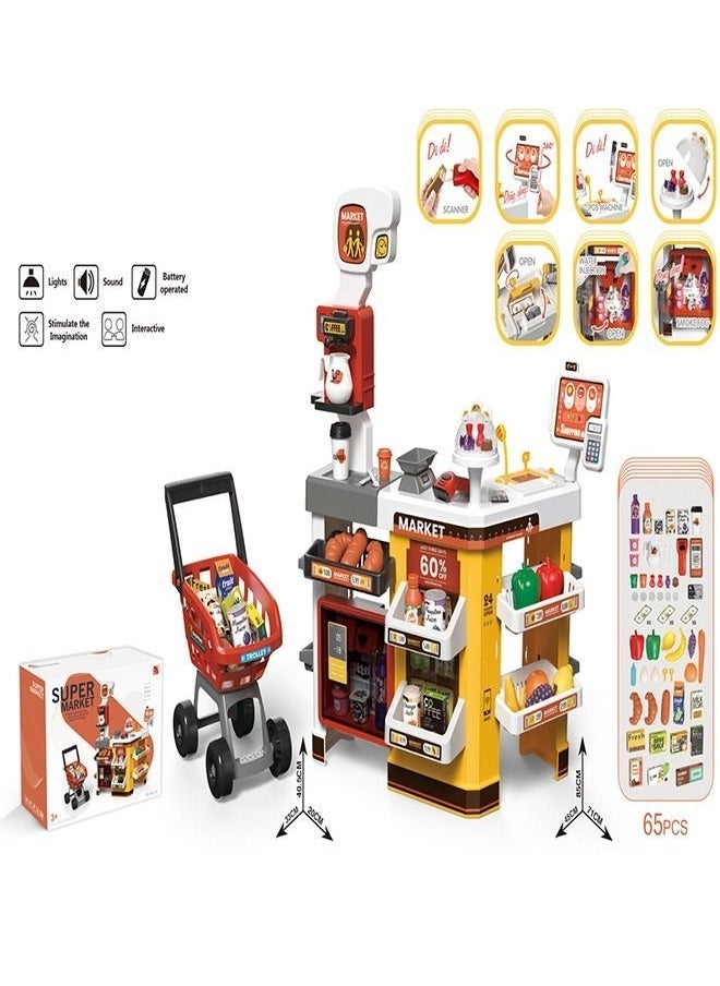 65pcs Home Pretend Supermarket Accessories With Trolley Role Play Set Toy For Kids 85*51*38  - Image 4