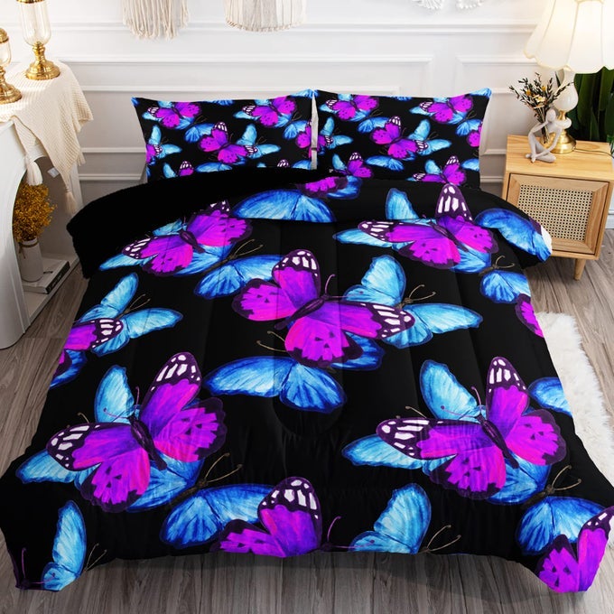 PURPLE BLUE BUTTERFLY COMFORTER SET TWIN SIZE 3 PIECES FLYING BUTTERFLY PATTERN BEDDING SET LIGHTWEIGHT ULTRA SOFT MICROFIBER