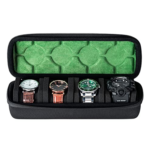 RIGICASE 4 slots watch travel case roll, hard watch box storage organizer with soft foam pillows, fit up to 55mm face size watch(green microfiber lining) - Image 1