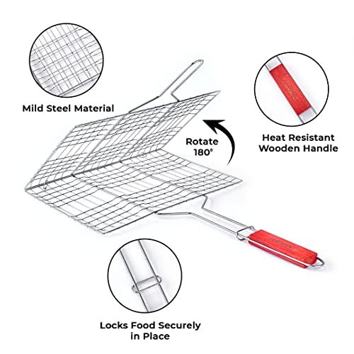 Freshome Mild Steel Portable Barbecue BBQ Grill Net Basket Roast Grilling Tray Plated with Wooden Handle (51.5 x 35 x 2.5 cm) - Image 3