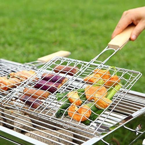 Freshome Mild Steel Portable Barbecue BBQ Grill Net Basket Roast Grilling Tray Plated with Wooden Handle (51.5 x 35 x 2.5 cm) - Image 2