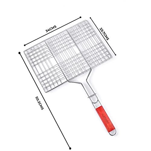 Freshome Mild Steel Portable Barbecue BBQ Grill Net Basket Roast Grilling Tray Plated with Wooden Handle (51.5 x 35 x 2.5 cm) - Image 4