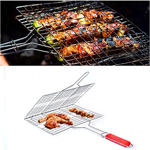 Freshome Mild Steel Portable Barbecue BBQ Grill Net Basket Roast Grilling Tray Plated with Wooden Handle (51.5 x 35 x 2.5 cm) - Image 5