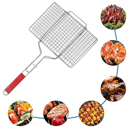 Freshome Mild Steel Portable Barbecue BBQ Grill Net Basket Roast Grilling Tray Plated with Wooden Handle (51.5 x 35 x 2.5 cm) - Image 1