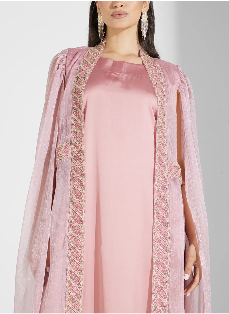 hayas closet Mesh Detailed Cape Sleeve Moroccan Dress