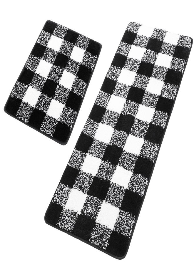 PiccoCasa Microfiber Plaid Pattern Bathroom Rugs, 2 Pcs Extra Soft Fluffy Absorbent Bath Rug, Bath Mats for Bathroom Floor Tub Non Slip 17''x24'' & 17''x47'' Black & White - Image 1