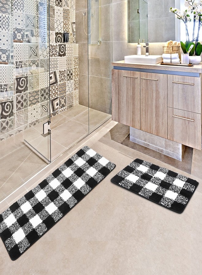 PiccoCasa Microfiber Plaid Pattern Bathroom Rugs, 2 Pcs Extra Soft Fluffy Absorbent Bath Rug, Bath Mats for Bathroom Floor Tub Non Slip 17''x24'' & 17''x47'' Black & White - Image 5