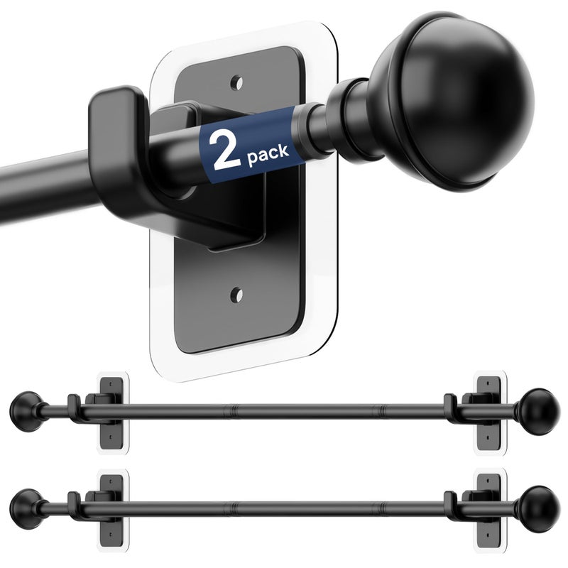 ENJOYBASICS 2 Pack No Drill Curtain Rods for Window 28 to 48 Inches, 5/8 Inch Diameter Renter Friendly Drapery Rod with Adhesive Brackets without Drilling, Adjustable from 27 to 52 Inches, Black - Image 1
