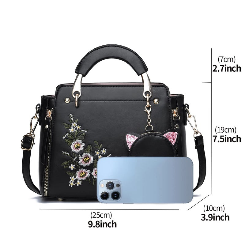 Xiaoyu Fashion Purses and Handbags for Women Ladies Crossbody Bags Top Handle Satchel Shoulder Bags Small Totes (Black Flower) - Image 4