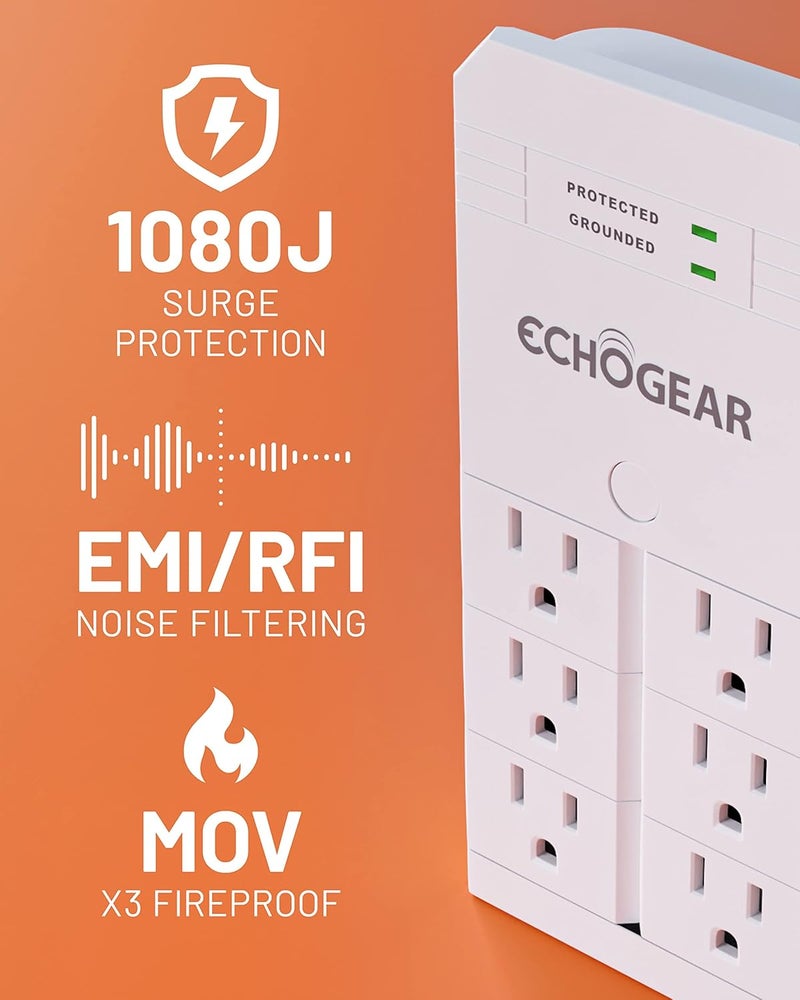 ECHOGEAR Surge protection on the wall and installs on existing sockets to protect your equipment and increase the output capacity. 6AC outlets - Image 2