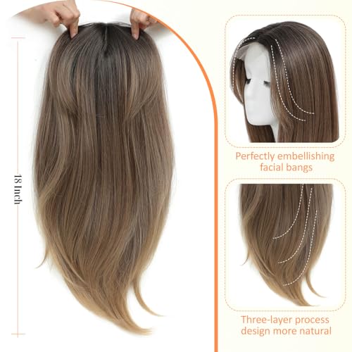 Ms Taj 18 Inch Hair Toppers for Women with Thinning Hair - Long Layered Synthetic Toppers - 6.5"x6.5" Fiber Wiglets - Rich Brown with Dark Root - Image 4