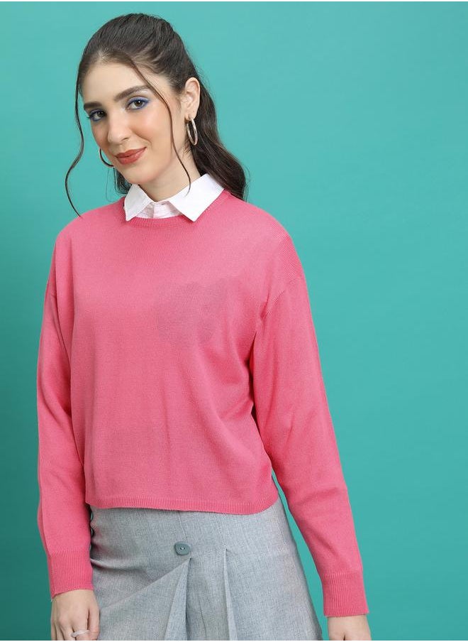 Tokyo Talkies Solid Round Neck Sweater with Long Sleeves by Styli  - Image 4