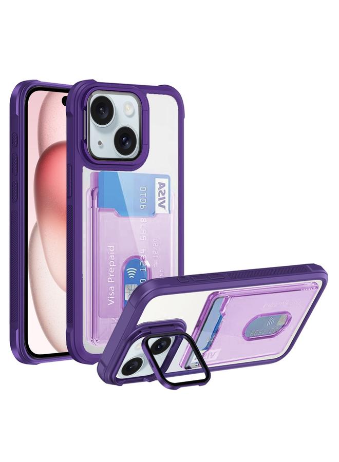 erorex For iPhone 15 Card Bag Holder Acrylic Hybrid TPU Phone Case(Purple)