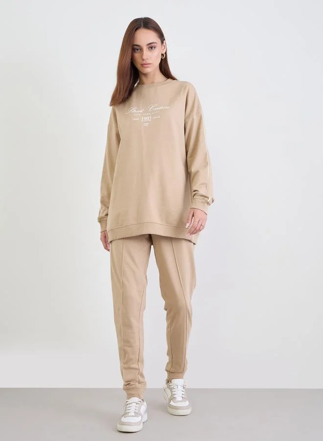 Styli Styli Brown Oversized Longline Sweatshirt and Joggers Co-Ords