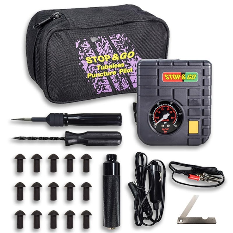 Stop Go 6000 24 Piece Tubeless Puncture Pilot Tire Repair Kit Air Compressor for Flats on Motorcycle Scooter ATV UTV Golf Cart Mower 15 Plugs