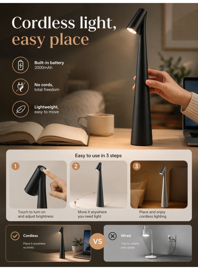 2 Pcs LED Table Lamp Set Black & White, Rechargeable Cordless Touch Control Desk Lamp, 3-Color Dimmable Bedside Night Light - Image 5