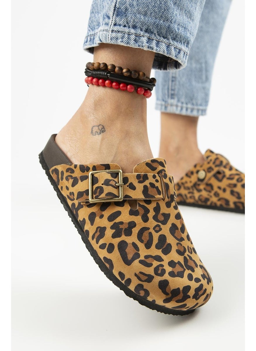 Manijero Manjero Zeta Leopard Women's Leather Leather Belt Buckle Sabo Tan Slippers  - Image 1