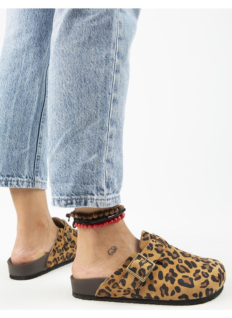 Manijero Manjero Zeta Leopard Women's Leather Leather Belt Buckle Sabo Tan Slippers  - Image 5