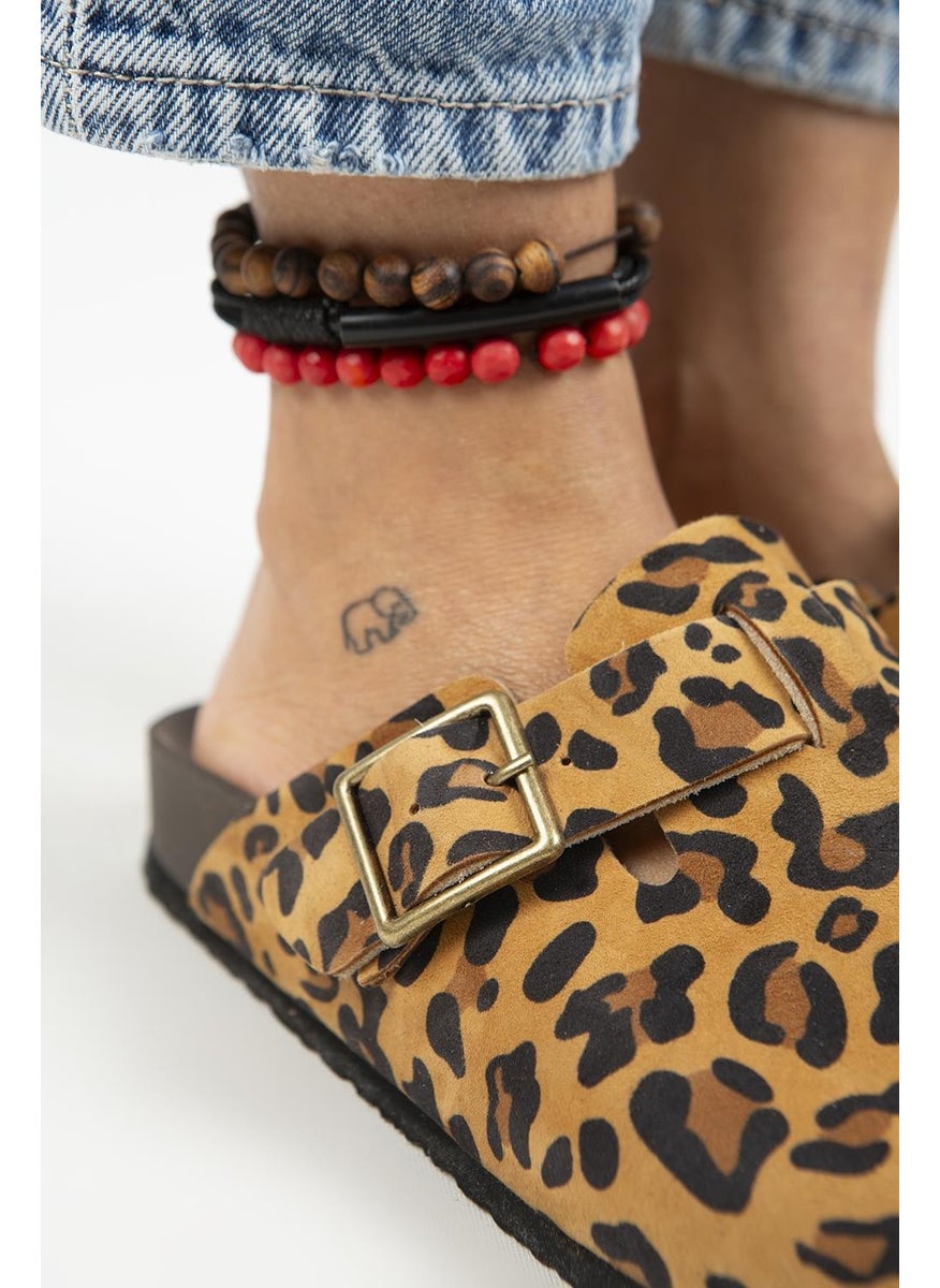 Manijero Manjero Zeta Leopard Women's Leather Leather Belt Buckle Sabo Tan Slippers  - Image 4