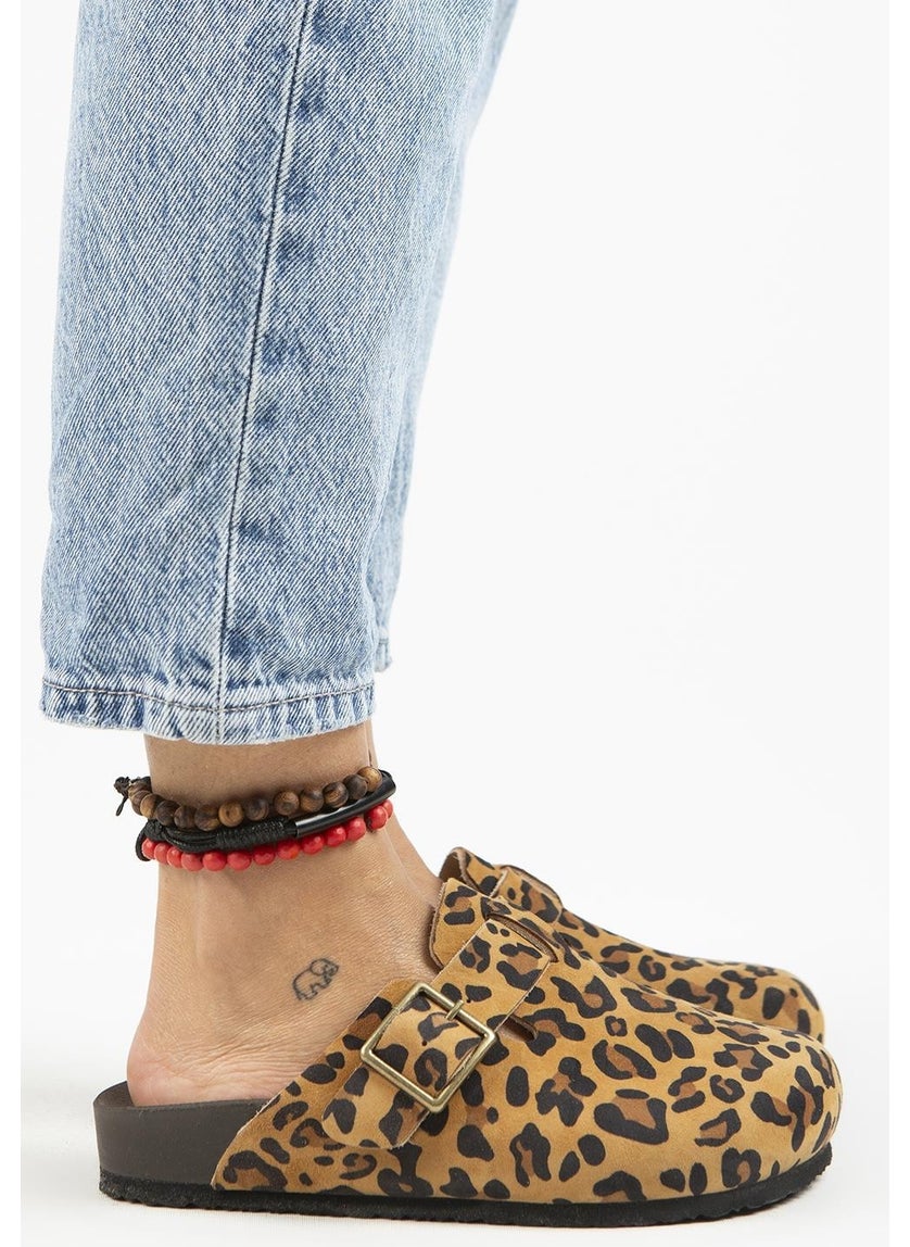Manijero Manjero Zeta Leopard Women's Leather Leather Belt Buckle Sabo Tan Slippers  - Image 2
