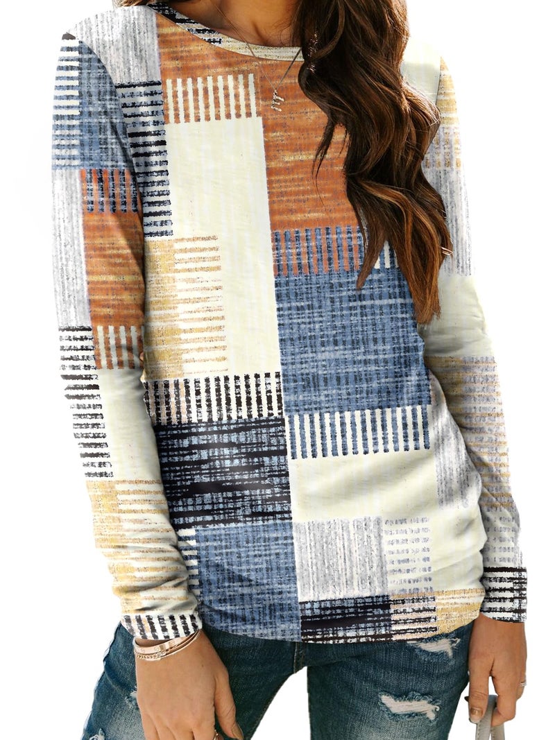 AUTOMET Womenâ€˜s Basic Long Sleeve Crewneck, Plus Size Winter & Spring Top, Casual Fall Tee for Teacher & Everyday Outfits PlaidMulti 2XL - Image 1