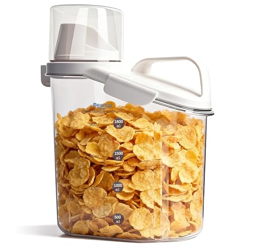 Besmall Cereal Containers Storage,2L Airtight Large Dry Food Storage Containers with Pouring Spout, Measuring Cup for Flour and Grain,BPA Free Plastic Dispenser ((1pcs) White-67oz) - Image 1
