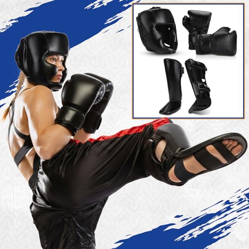 Arrowbash 5 Pcs Boxing Guards Set for Kids with Sparring Headgear, 6oz Boxing Gloves and Leg Shin Guards Wrestling Headgear for Youths Teens Boys Girls Kickboxing Karate Muay Thai BJJ Training - Image 5