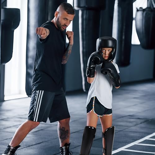 Arrowbash 5 Pcs Boxing Guards Set for Kids with Sparring Headgear, 6oz Boxing Gloves and Leg Shin Guards Wrestling Headgear for Youths Teens Boys Girls Kickboxing Karate Muay Thai BJJ Training - Image 4