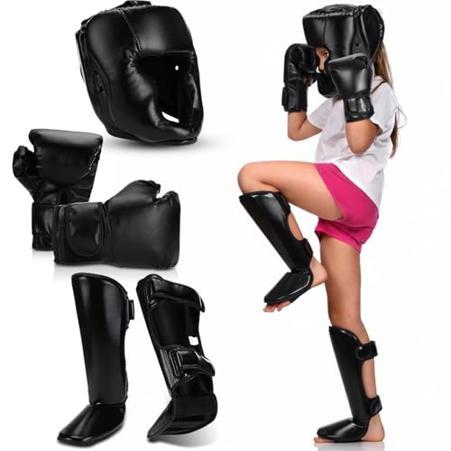 Arrowbash 5 Pcs Boxing Guards Set for Kids with Sparring Headgear, 6oz Boxing Gloves and Leg Shin Guards Wrestling Headgear for Youths Teens Boys Girls Kickboxing Karate Muay Thai BJJ Training - Image 1