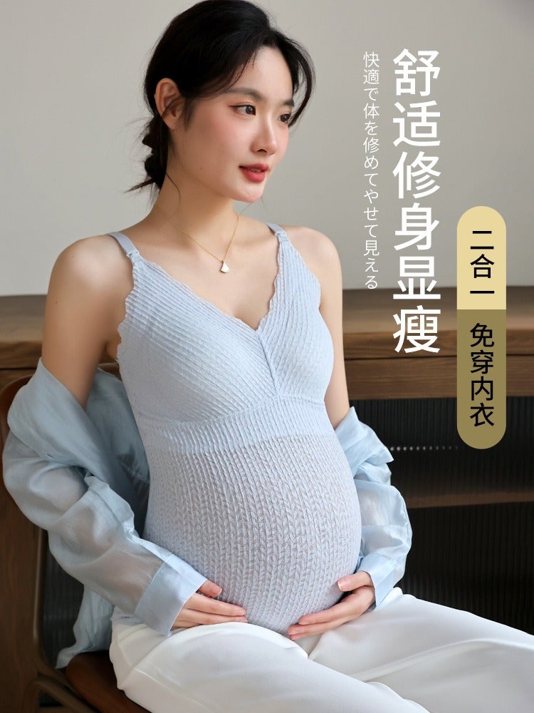 Mo Deng Yun Ma Maternity Nursing Vest Tank Top for Women - Summer Thin, V-Neck, Sleeveless, Adjustable Straps, Breastfeeding Cami with Lace Trim, Solid Color, Modest Coverage - Image 2