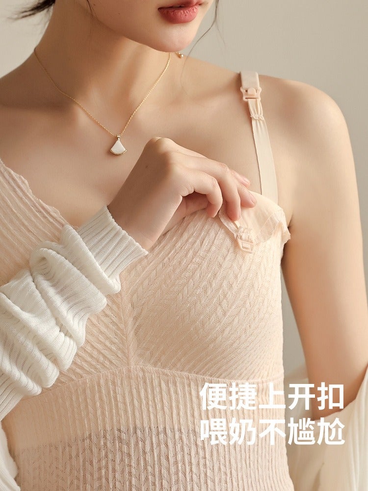 Mo Deng Yun Ma Maternity Nursing Vest Tank Top for Women - Summer Thin, V-Neck, Sleeveless, Adjustable Straps, Breastfeeding Cami with Lace Trim, Solid Color, Modest Coverage - Image 3