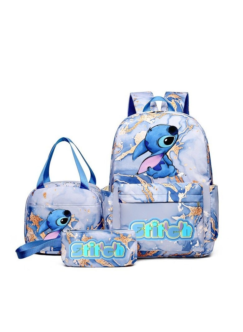 STITCH Stitch Golden Quicksand Texture Schoolbag Waterproof Primary and Secondary School Student Backpack Youth Travel Backpack 31*43*15CM + Lunch Bag 27*20*20CM + Pencil Case Three-piece Set