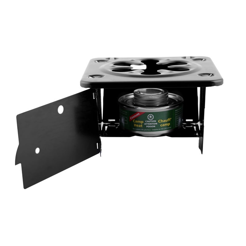 Coghlan's Portable Folding Camp Stove â€“ Compact, Lightweight Steel Cooking Stove for Camping, Backpacking, Hiking, or Emergency Use â€“ Uses Canned Heat or Fuel Tablets, Black - Image 1