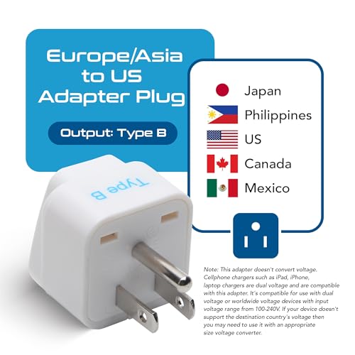 Ceptics Europe to US plug adapter, Type B USA Plug adapter compatible with plugs from Europe, India, and other countries - India to USA plug adapter is CE Certified & RoHS Compliant, White, 3 Pack - Image 3