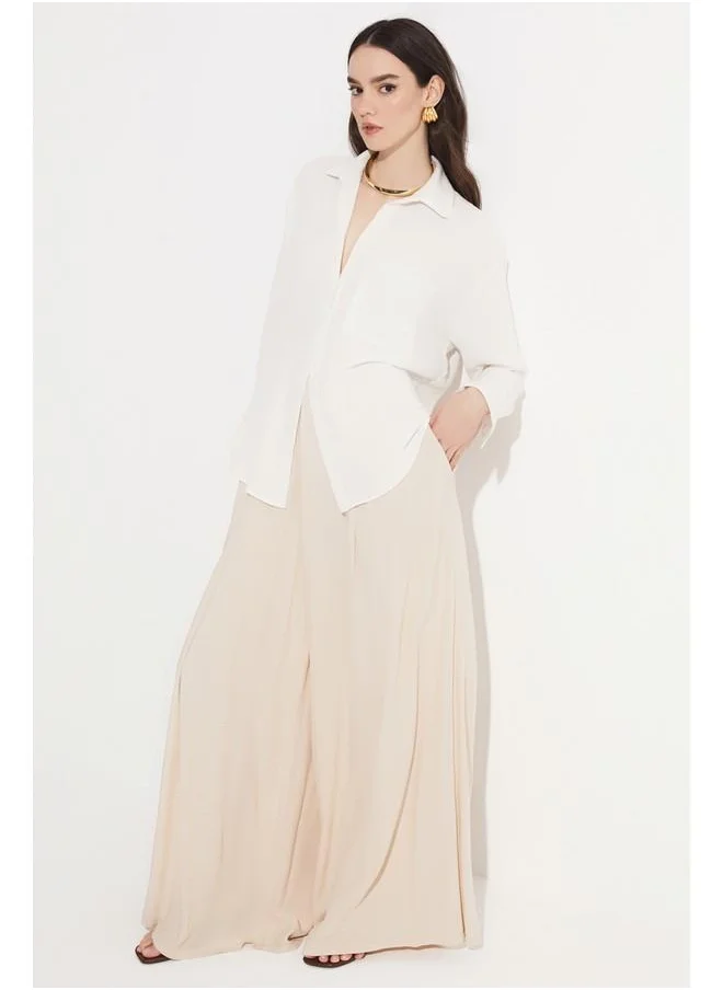 جون June Loose Cut Viscose Elastic Waist Trouser Stone