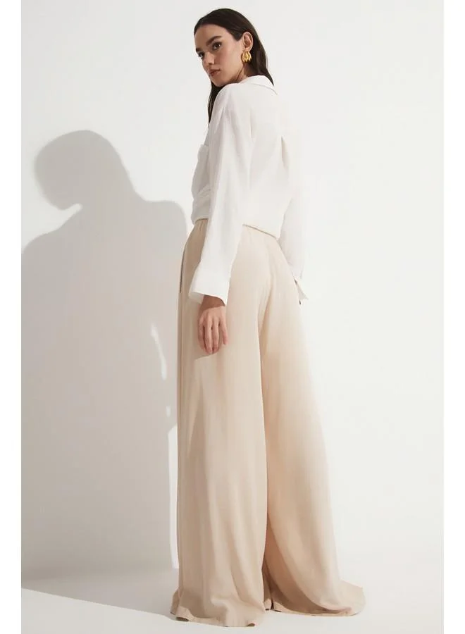 جون June Loose Cut Viscose Elastic Waist Trouser Stone