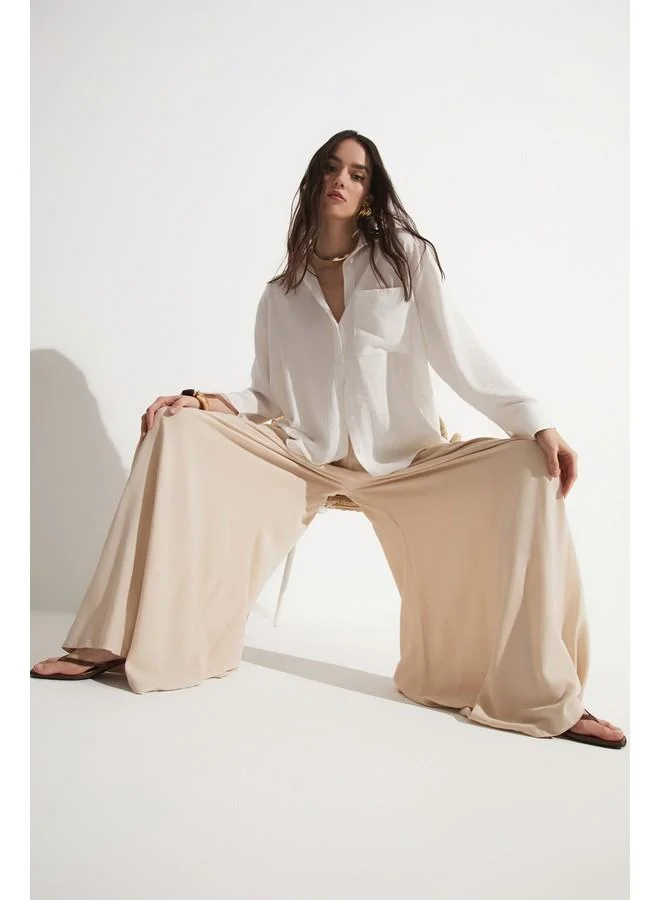 جون June Loose Cut Viscose Elastic Waist Trouser Stone