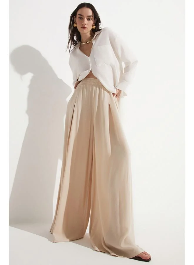 جون June Loose Cut Viscose Elastic Waist Trouser Stone